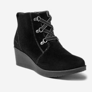 NEW Eddie Bauer Black Suede Evanesce Wedge Lace Up Bootie, 8.5